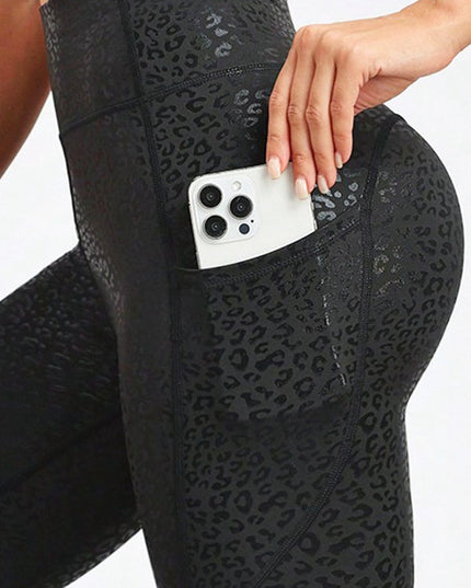 ZASUWA Female Sexy Faux Leather Leopard Print Pocket Leggings