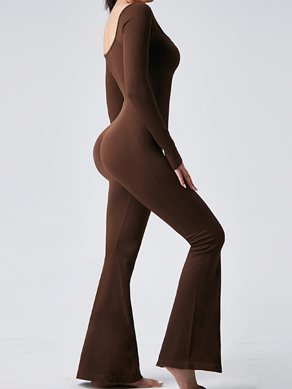 ZASUWA Female Ribbed U Collar Flare Jumpsuit