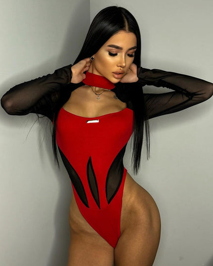 ZASUWA Female Sexy Sheer Mesh Elastic Tight Bodysuit