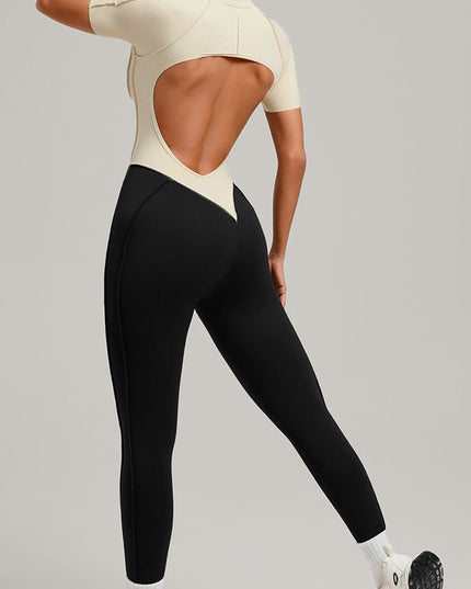 ZASUWA Female Contrast Color Backless Stitch Zipper Jumpsuit