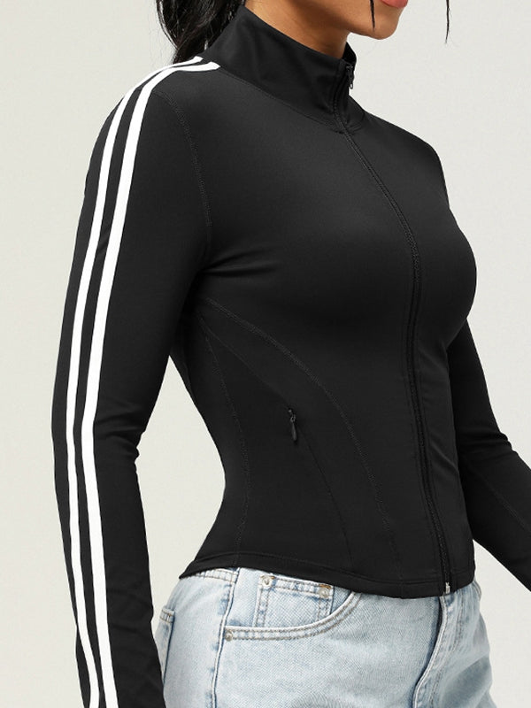 ZASUWA Female Zipper Contrast Color Stripes Pocket Jacket