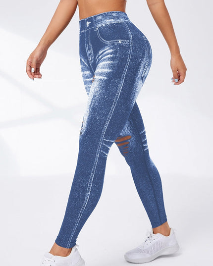 ZASUWA Female Denim Pocket Hollow Out Leggings