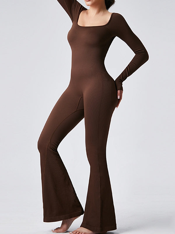 ZASUWA Female Ribbed U Collar Flare Jumpsuit