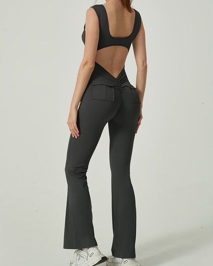 ZASUWA Female V Collar Backless Pocket Flare Jumpsuit