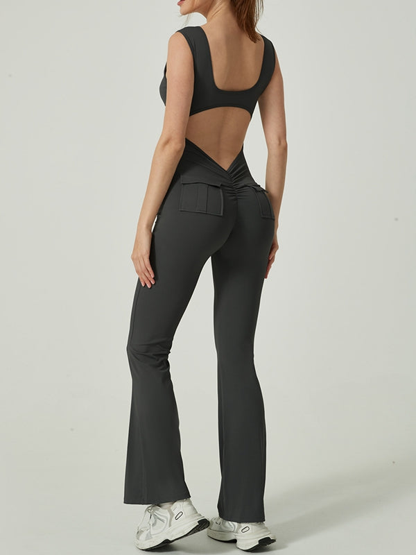 ZASUWA Female V Collar Backless Pocket Flare Jumpsuit